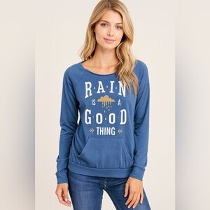 NEW Rain is a good thing Wide Neck Long Sleeve Top Blue Luke Bryan sz Small